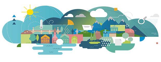 Das Logo stellt abstrakt Städte, Dörfer und Landschaften dar.